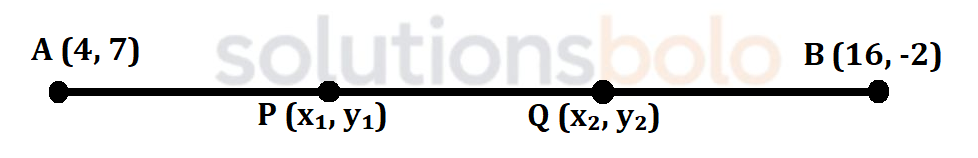 A horizontal line segment AB with endpoints A (4, 7) and B (16, -2), divided into three equal parts by two points labeled P (x1, y1) and Q (x2, y2).